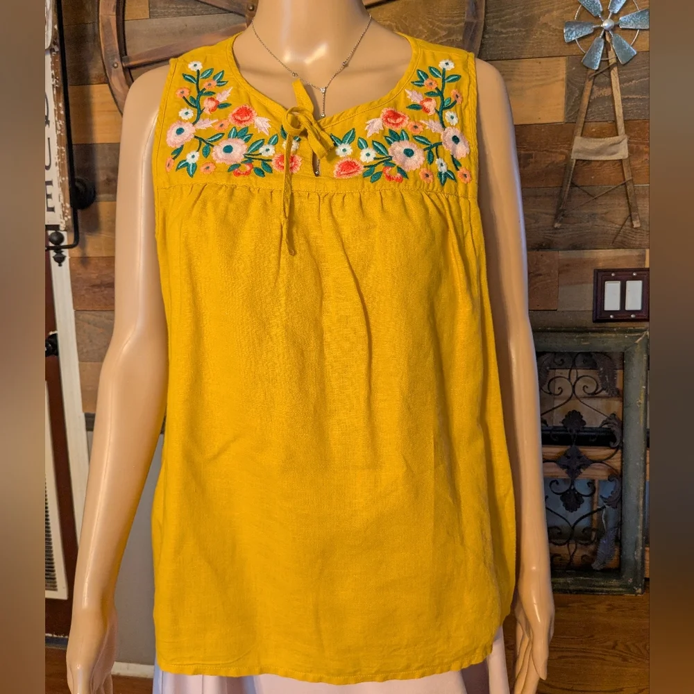J Crew Mustard Yellow Embroidered Floral Blouse